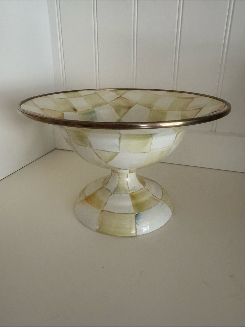 MacKenzie-Childs Small Parchment Check Compote Pedestal Bowl